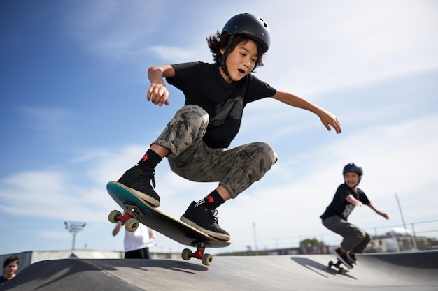 Young skaters performing tricks at a skate park