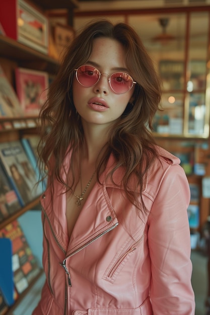 young slavic woman in a pink leather jacket and pink sunglasses in a music store