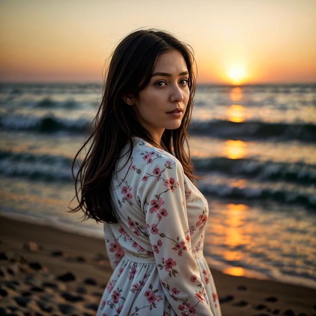 young slim beautiful woman on sunset beach