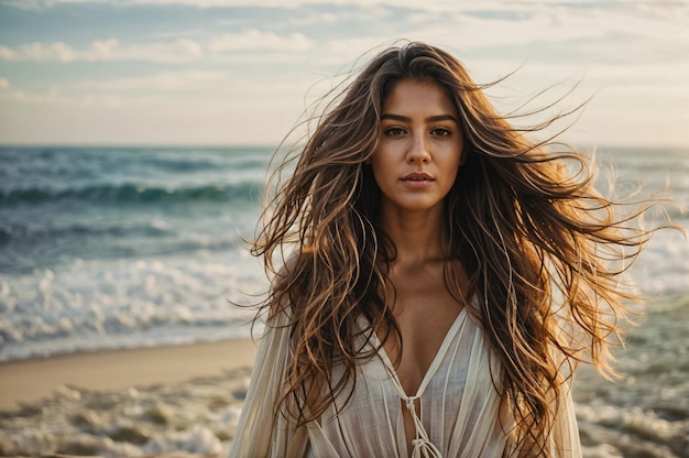 young slim beautiful woman on sunset beach