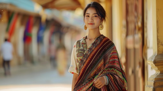 Photo young slim burmese woman in a traditional dress street portrait