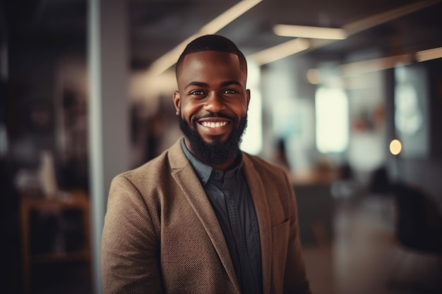 Young smart africanamerican businessman smiling face standing in blur background of creative colorful office interior design Generative AI AIG20