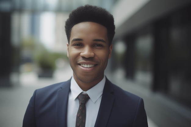 Young smart africanamerican businessman smiling face standing in blur background of modern office building Generative AI AIG20