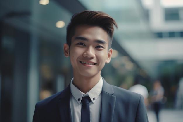 Young smart asian businessman smiling face standing in blur background of modern office building Generative AI AIG20