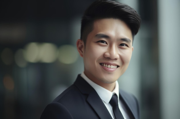 Young smart asian businessman smiling face standing in blur background of modern office building Generative AI AIG20