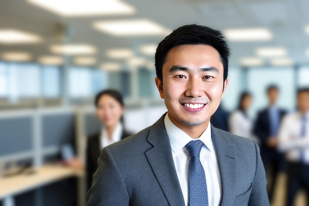 Young smart businessman standing in blur background of office generative AI