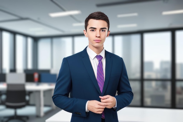 Young smart businessman standing in blur background of office generative AI