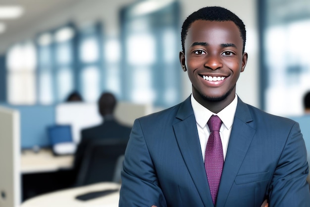 Young smart businessman standing in blur background of office generative AI