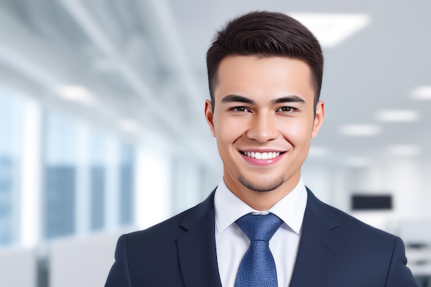 Young smart businessman standing in blur background of office generative AI