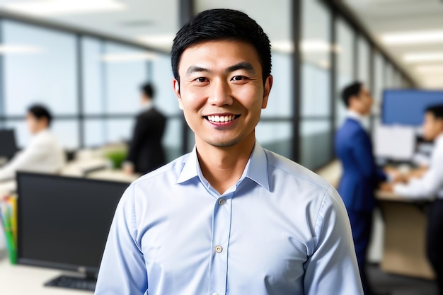 Young smart businessman standing in blur background of office generative AI