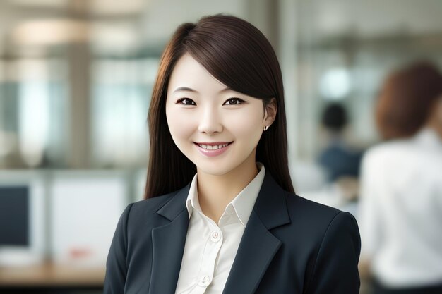 Young smart businesswoman standing in blur background of office generative AI