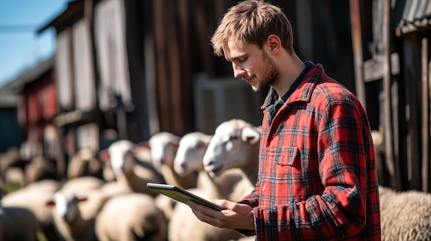 Photo a young smart farmer uses a tablet to monitor the automatic feeding system in the farm