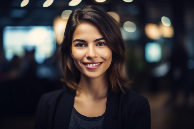 Young smart hispanic businesswoman smiling face standing in blur background of busy office Generative AI AIG20