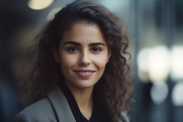 Young smart hispanic businesswoman smiling face standing in blur background of modern office building Generative AI AIG20