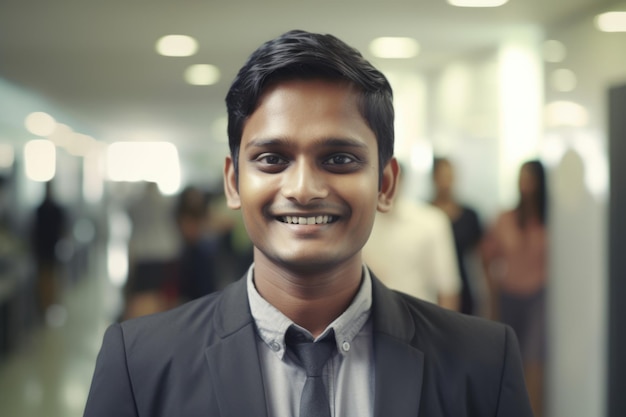 Young smart indian businessman smiling face standing in blur background of busy office Generative AI AIG20