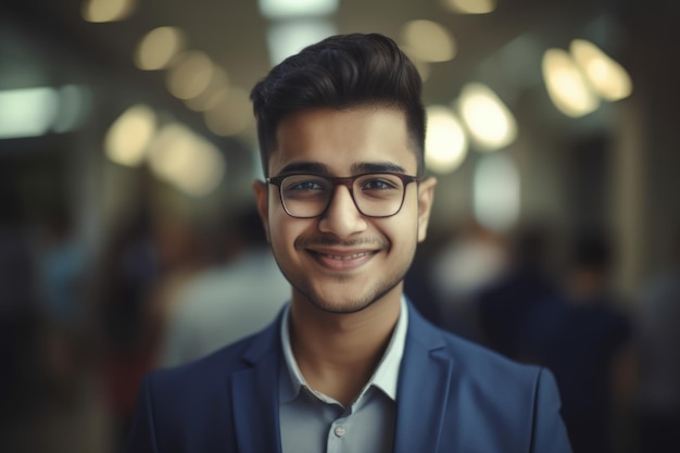 Young smart indian businessman smiling face standing in blur background of busy office Generative AI AIG20