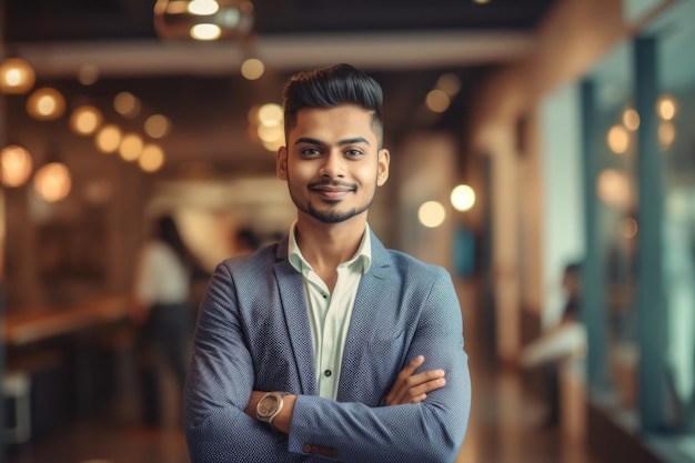 Young smart indian businessman smiling face standing in blur background of creative colorful office interior design Generative AI AIG20