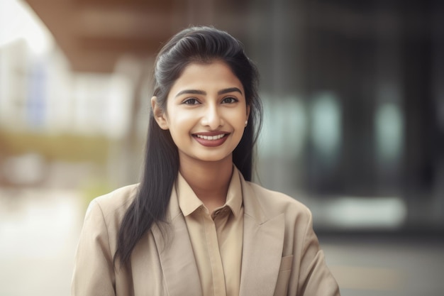 Young smart indian businesswoman smiling face standing in blur background of modern office building Generative AI AIG20