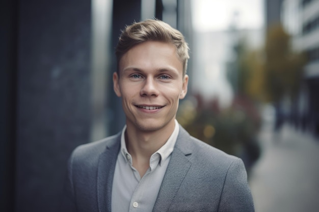 Young smart swedish businessman smiling face standing in blur background of modern office building Generative AI AIG20