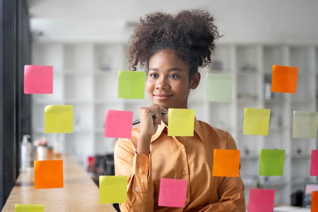 Young smiley attractive businesswoman using sticky notes in glass wall to writing strategy business plan to development grow to success