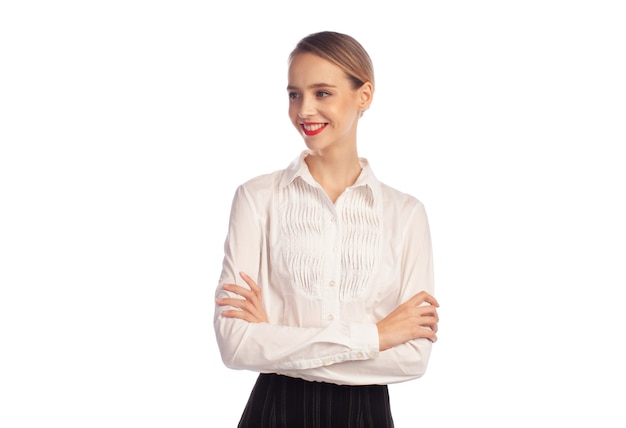 Young smiling business woman in white shirt looking left isolated on white background