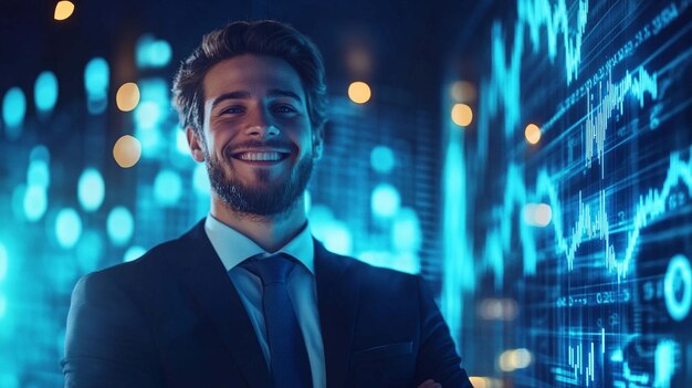 Young Smiling Businessman Celebrating Success with Business Chart for Professional Use