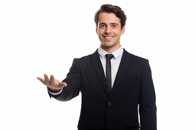 Young smiling businessman holds something on palm isolated on white