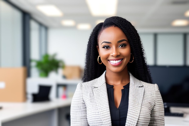 Young smiling businesswoman standing in blur background of office generative AI