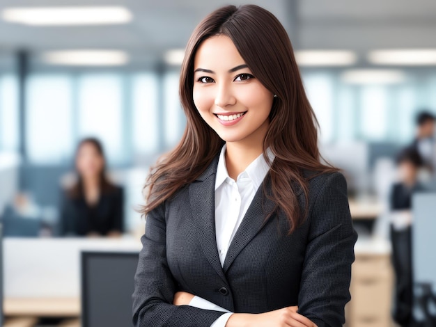 Young smiling businesswoman standing in blur background of office generative AI