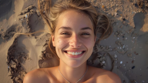 a young smiling caucasian woman Smiling woman lying on sand