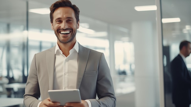 Young smiling cheerful businessman with tablet at the office during the conference meeting