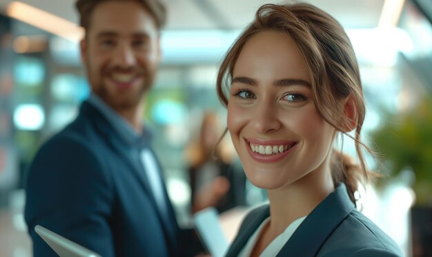 Photo young smiling cheerful businesswoman and businessman standing close discussing something with tablet