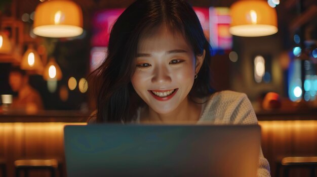 a young smiling chinese woman is working at a laptop