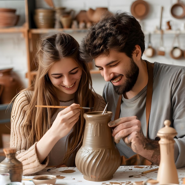 Photo a young smiling couple works in a pottery workshop painting a vase the concept of hobbies