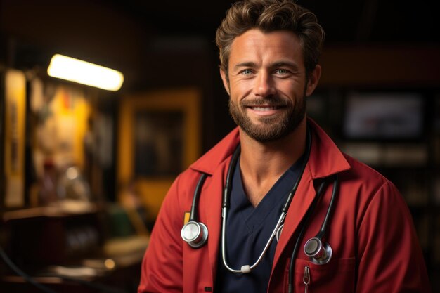 Young smiling doctor wearing a medical cloak with stethoscope pointing to the iso generative IA