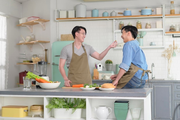 Young smiling gay couple cooking together in the kitchen at home LGBTQ and diversity concept