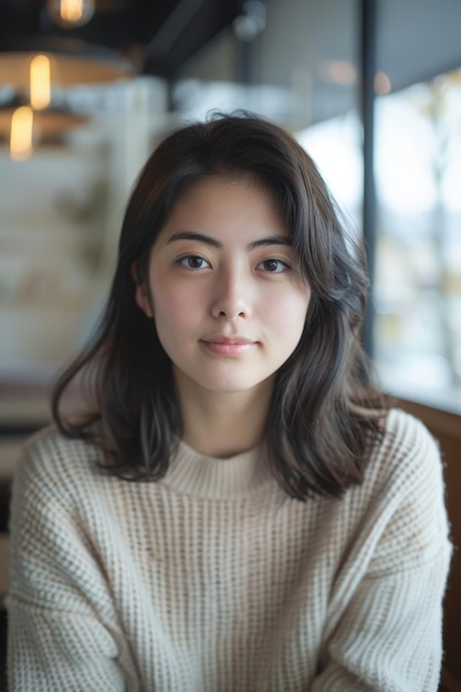 young smiling Japanese woman looking at camera in creative office