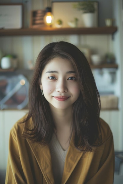 young smiling Japanese woman looking at camera in creative office