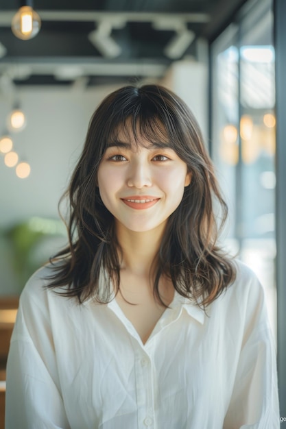 young smiling Japanese woman looking at camera in creative office