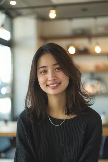 young smiling Japanese woman looking at camera in creative office