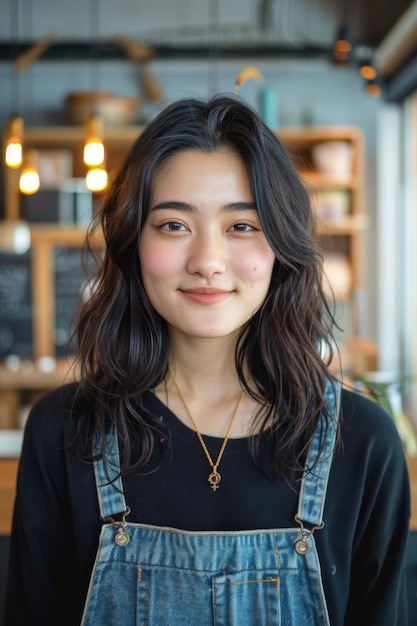 young smiling Japanese woman looking at camera in creative office