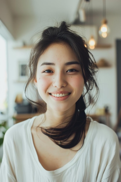 young smiling Japanese woman looking at camera in creative office