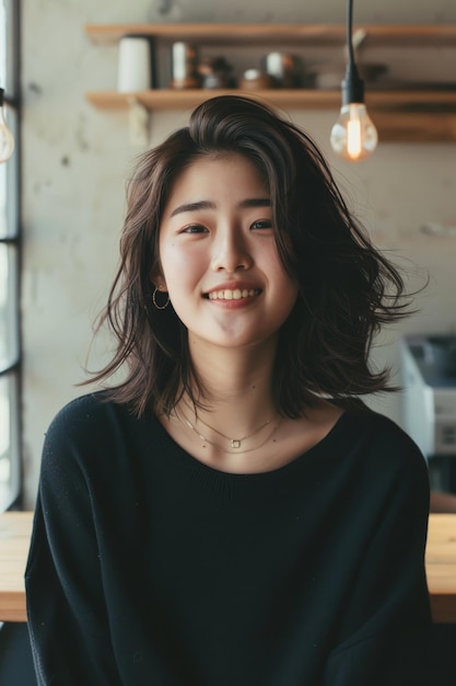 young smiling Japanese woman looking at camera in creative office