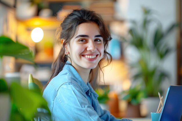 Photo young smiling latina woman happily working from home in casual chic style