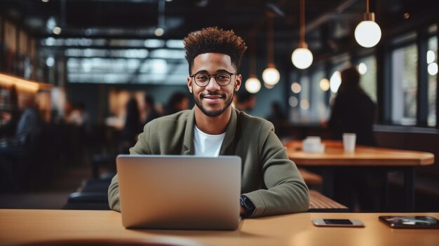 Young smiling professional black man working on the laptop in the office and looking at camera