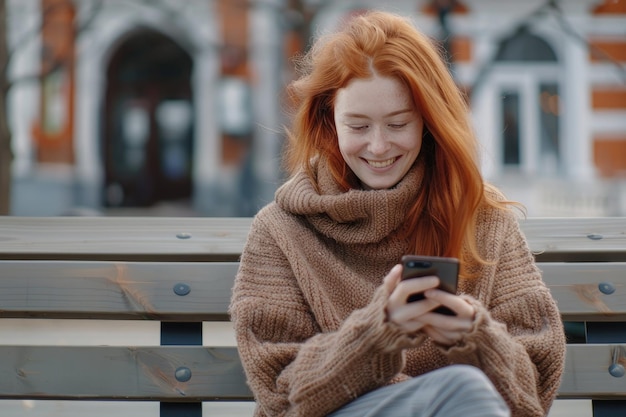 Photo young smiling redhead girl sits on bench and uses smartphone app reads news online watches video on