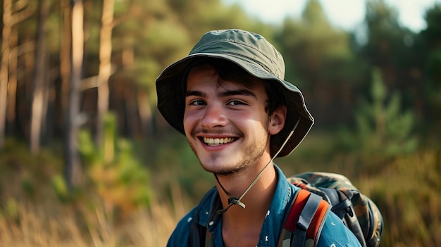 a young smiling white male wearing bucket hat camping in nature