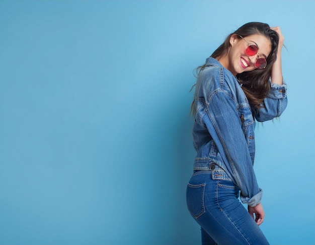 Photo young smiling woman pretty long hair cute in jeans on blue wall background aside copy space