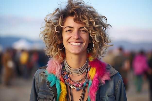 young smiling woman in vibrant and eclectic clothing individual style confidence selfacceptance