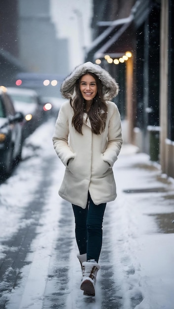 Young smiling woman walking in street in winter